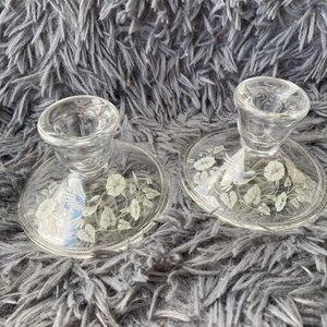 (2) Avon Crystal Etched Hummingbird Candlesticks.
